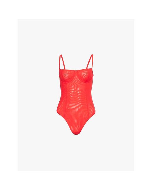 GOOD AMERICAN Red Corset Spaghetti-Strap Mesh Bodysuit