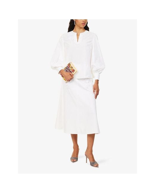 Huishan Zhang White Matis Floral-Embroidered Cotton-Blend Top