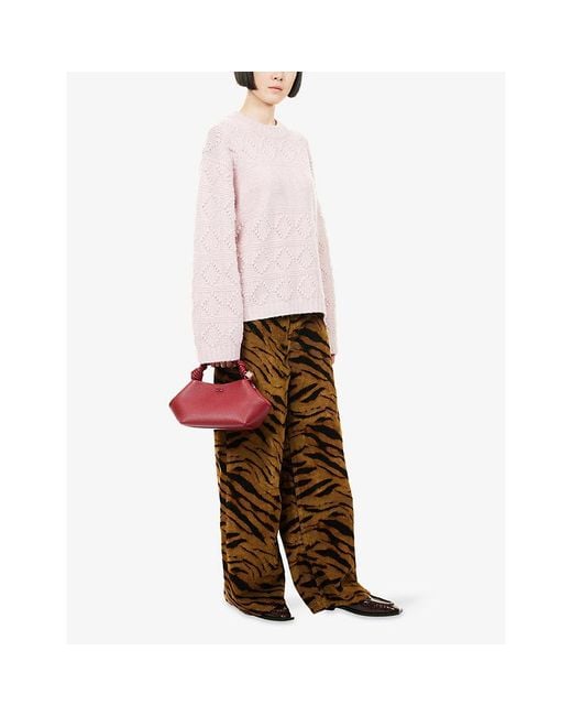 Ganni Pink Relaxed-Fit Textured-Pattern Wool-And-Cotton Jumper