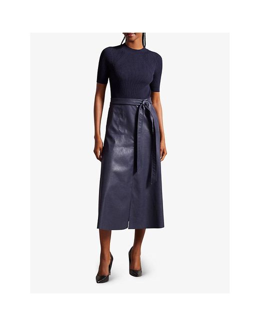 Ted Baker Blue Matiar Short-sleeve Knitted And Faux-leather Midi Dress