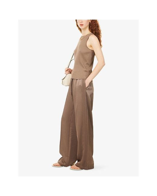 Vince Brown Mid-Waist Shine Crepe Satin Trousers
