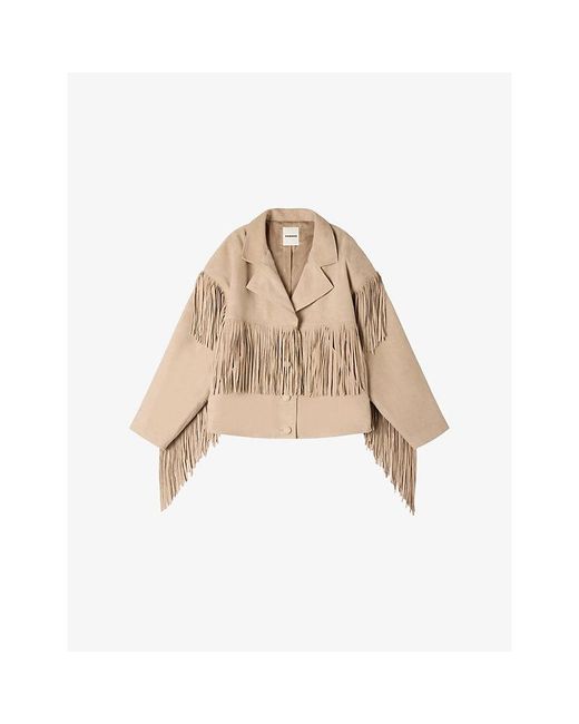 Sandro Natural Oversized Fringed Suede Jacket