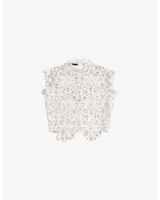 Maje White Floral Sequin-embroidered Crochet-cotton Top