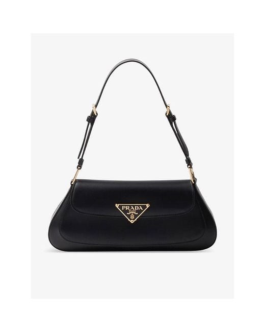 Prada Black Enameled Metal Triangle-Logo Leather Shoulder Bag