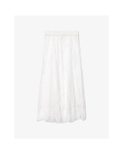 AllSaints White Arran High-Rise Lace-Embroidered Woven Midi Skirt