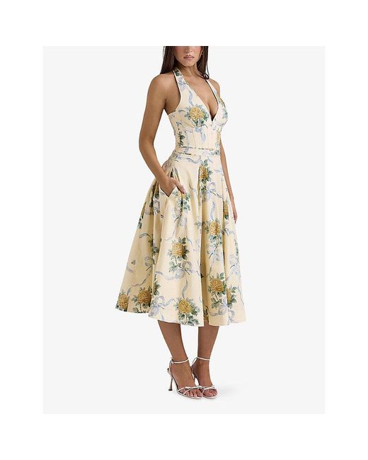 House Of Cb Metallic Allena Corset-Bodice Stretch-Cotton Midi Dress