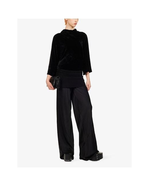 Rick Owens Black Long-Sleeve Draped Velvet Silk-Blend Top