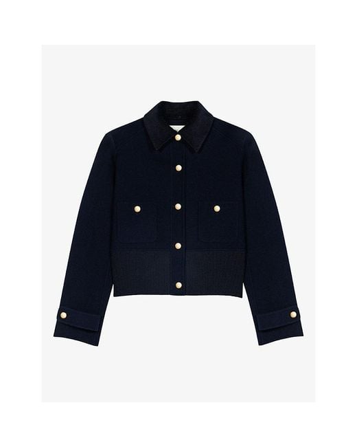 Maje Blue Button-Embellished Double-Faced Wool-Blend Jacket