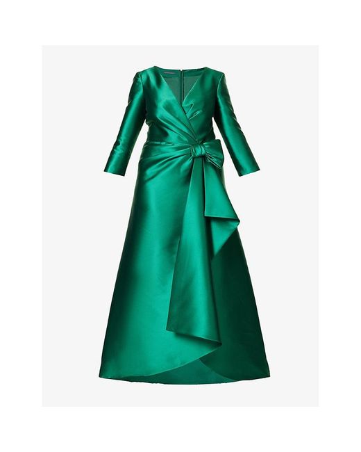 Alberta Ferretti Green Bow-embellished Draped Satin Maxi Dress