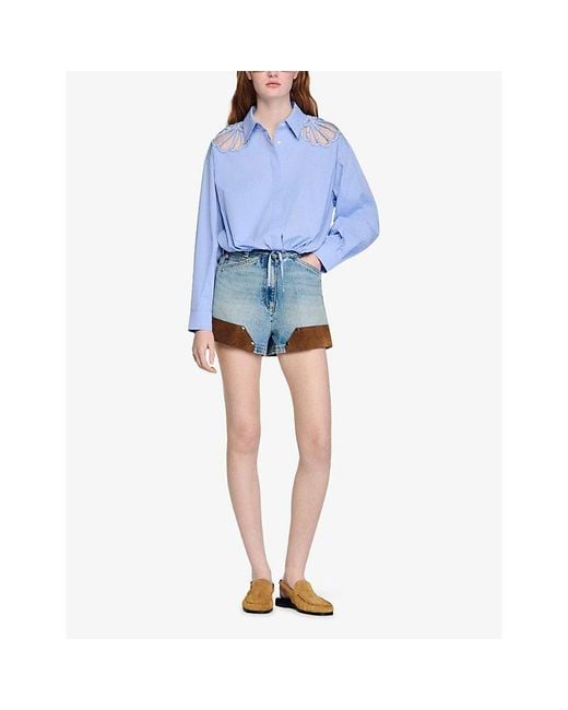 Sandro Blue Relaxed-Fit Cut-Out Cotton Shirt