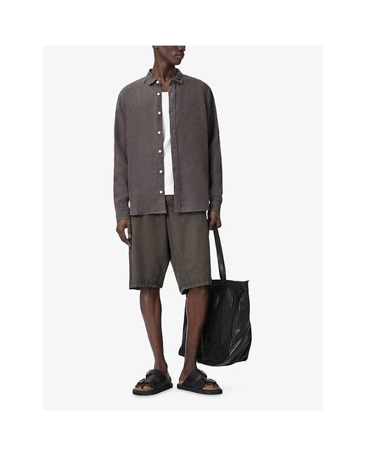 AllSaints Gray Loom Logo-Embroidered Linen Shirt for men