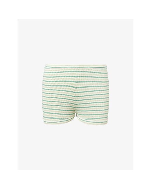 ADANOLA Green Stripe-Print Mid-Rise Ribbed-Knit Shorts