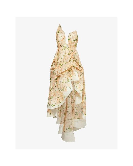 Zimmermann Metallic Asymmetric Floral-pattern Linen And Silk-blend Maxi Dress