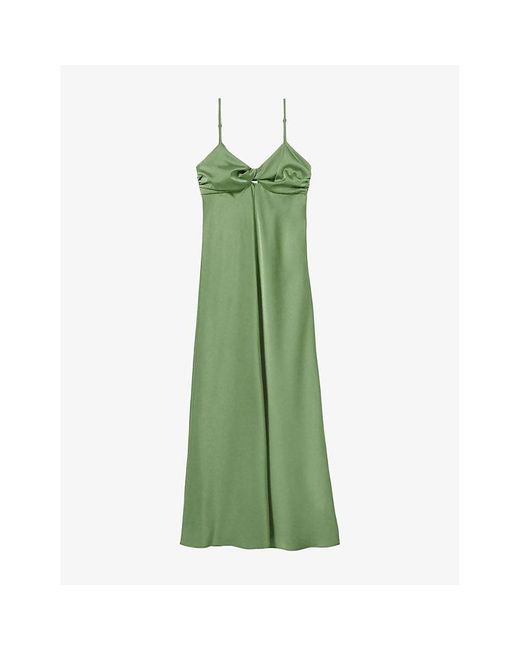 Claudie Pierlot Green Twist-Front Spaghetti-Strap Satin Maxi Dress