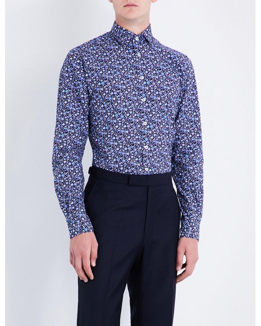 Duchamp Blue Mens Navy Buttoned Flamboyant Floral Tailored-fit Cotton Shirt for men