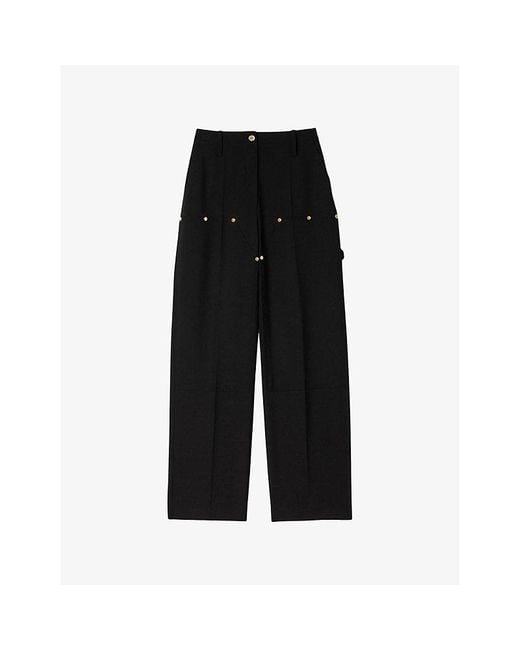 Sandro Black Stud-Embellished High-Rise Wool-Blend Trousers