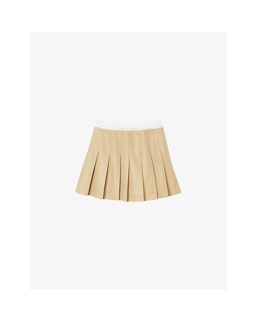 Sandro Natural Pleated Contrast-trim Cotton-blend Mini Skirt