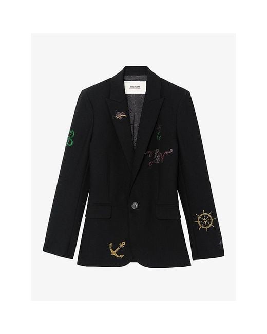 Zadig & Voltaire Black Valse Rhinestone-Embellished Stretch-Woven Blazer