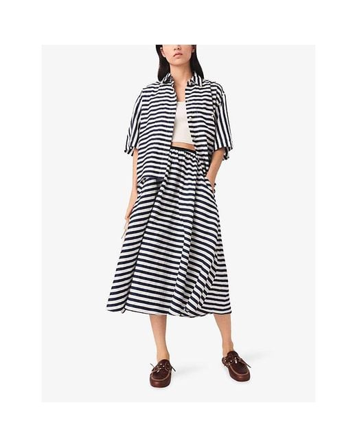 Maje Blue Striped Elasticated-Waist Woven Midi Skirt