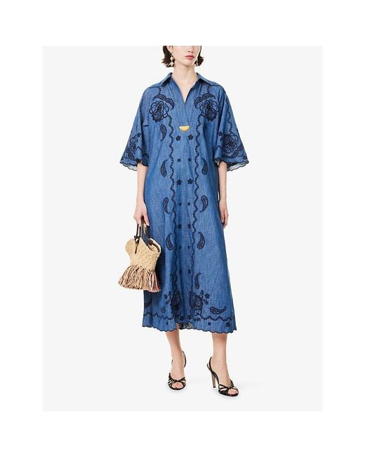 Zimmermann Blue Aster Embroidered Denim Midi Dress