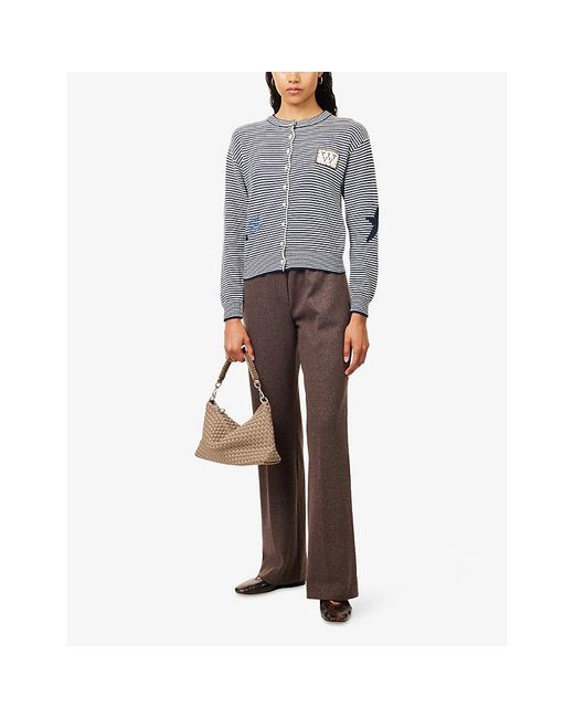 Weekend by Maxmara Blue Striped Logo-Patch Cotton-Blend Cardigan