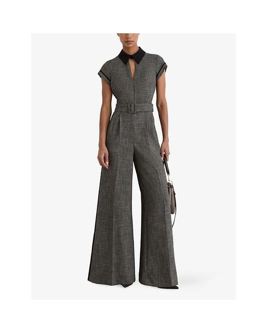 Reiss Gray Bella Collared Wide-Leg Belted Woven Jumpsuit