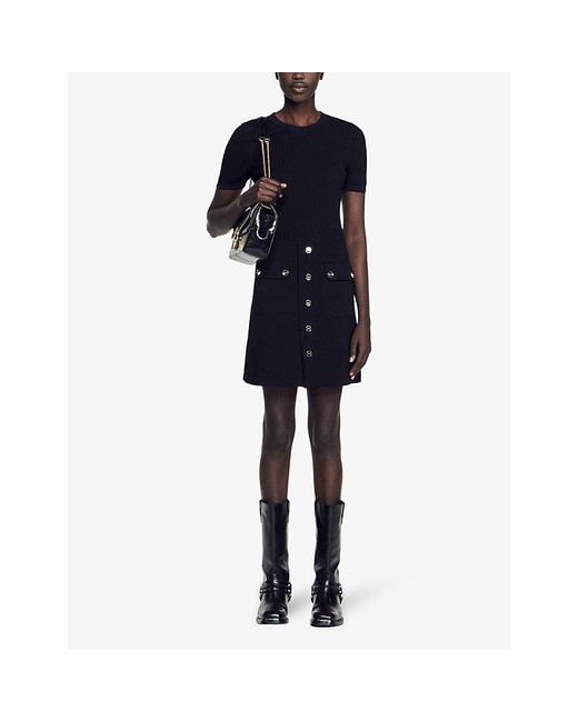 Sandro Black Fit-and-flare Patch-pocket Stretch-knit Mini Dress