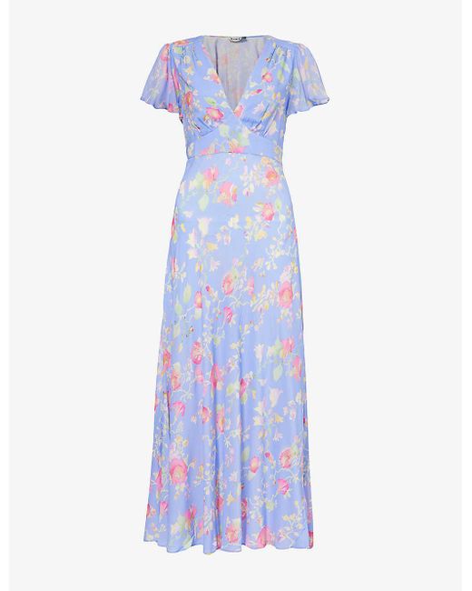 Rixo Blue Florida Floral-print Woven Midi Dress