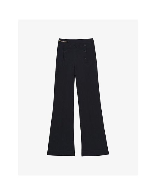 Reiss Blue Sidney Button-Detail Wide-Leg Stretch-Woven Trousers