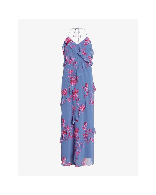AllSaints Purple Marina Floral-print Organic-cotton Maxi Dress