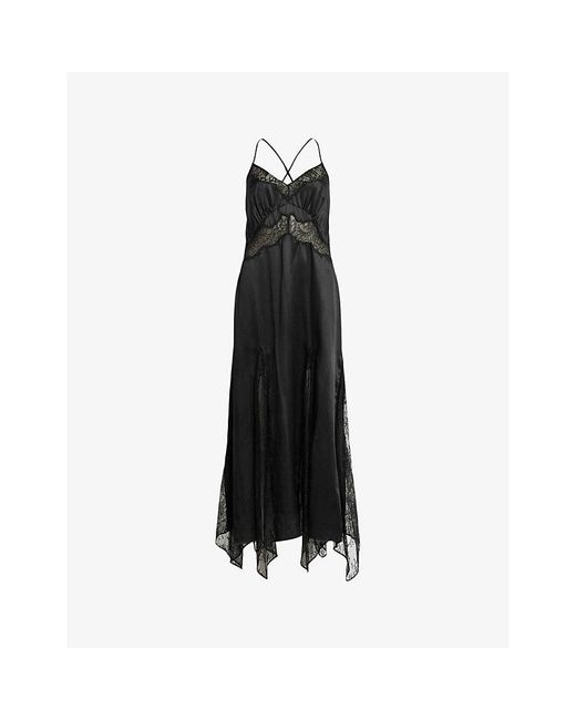 AllSaints Black Jasmine Lace-embroidered Asymmetric-hem Woven Midi Dress