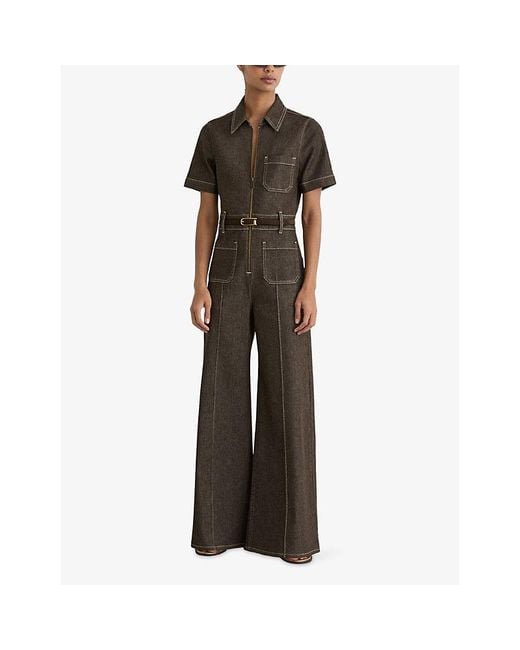 Reiss Black Danie Wide-Leg Denim Jumpsuit