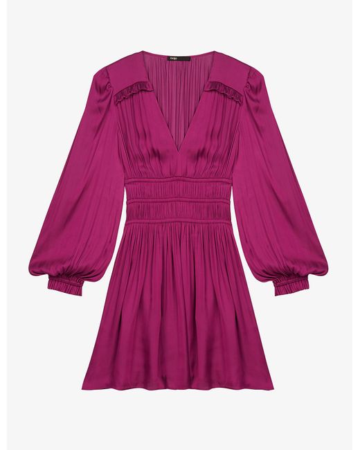 Maje Rianne Smocked Satin Dress in Purple | Lyst
