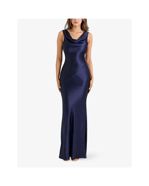 House Of Cb Blue Safaira Cowl-Neck Satin Maxi Dress Xs (A-C Cup)
