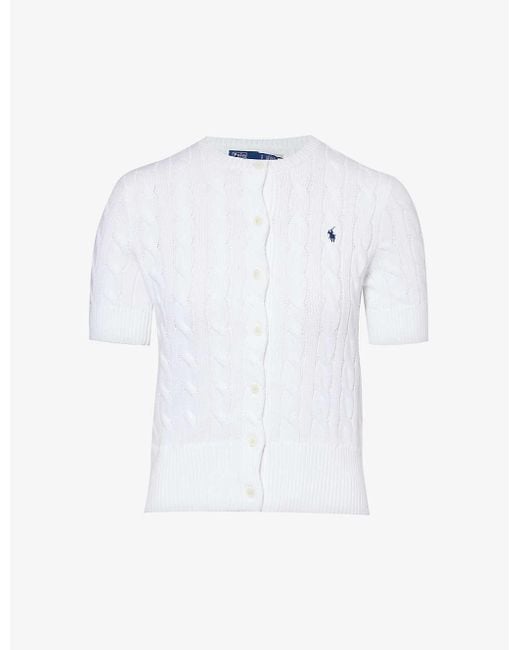 Polo Ralph Lauren White Logo-embroidered Cable-weave Cotton-knit Cardigan
