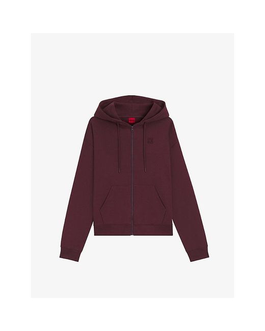 HUGO Purple Logo-Embroidered Zip-Up Cotton-Jersey Hoody
