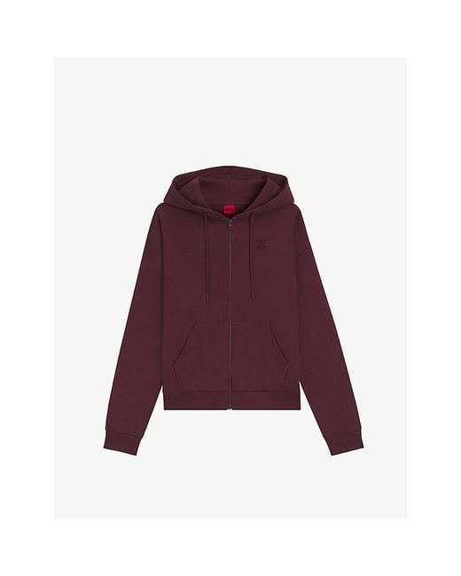 HUGO Purple Logo-Embroidered Zip-Up Cotton-Jersey Hoody