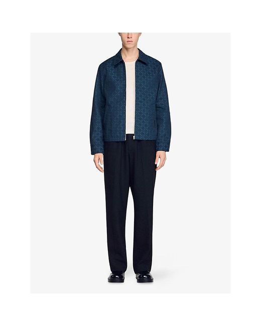 Sandro Blue Square-Pattern Zip-Up Denim Jacket for men