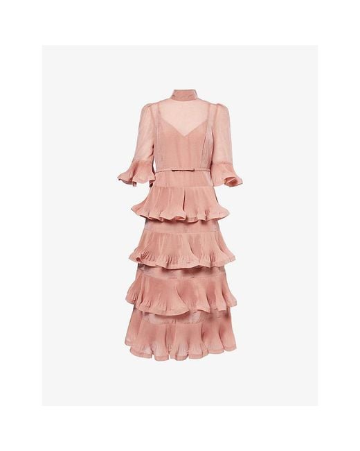 Zimmermann Pink Ruffle Quarter-Sleeve Woven Midi Dress