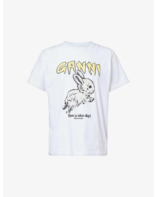 Ganni White Bunny Graphic-pattern Organic-cotton T-shirt