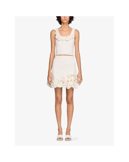 Sandro White Flower-Embellished Knitted Mini Skirt