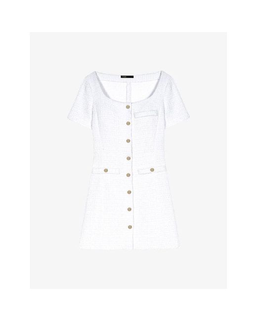 Maje White Branded-hardware Square-neck Tweed Mini Dress
