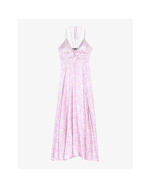 Maje Pink Paisley-print Cut-out Satin Maxi Dress
