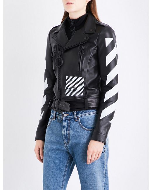 Off-White c/o Virgil Abloh Black Diagonal Stripes Leather Biker Jacket