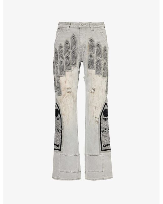 Who Decides War Gray Distressed Branded-patch Denim Trousers for men