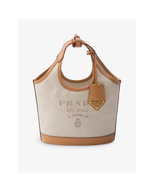 Prada Gray Logo-embossed Mini Linen And Leather Tote Bag