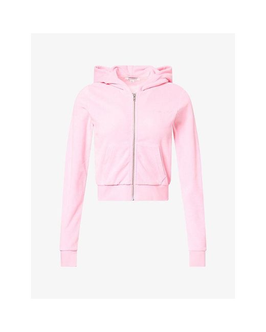 Sporty & Rich Pink Signature-Logo Krystal Zip Velour Hoody