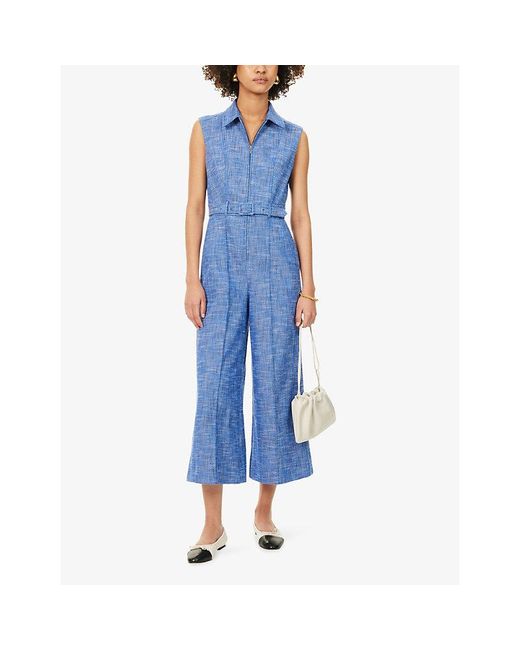ME+EM Blue Cropped Wide-Leg Cotton-Blend Jumpsuit