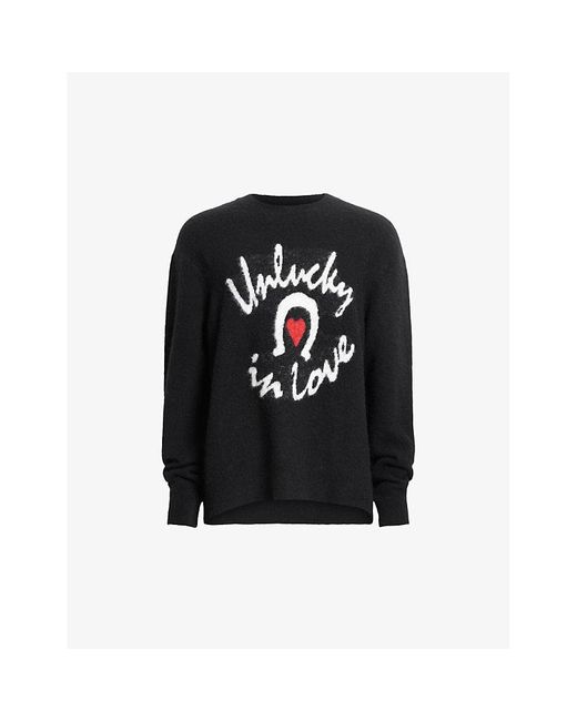 AllSaints Black Lucky Love Slogan-intarsia Knitted Jumper