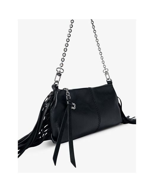 Maje Black Fringe-embellished Leather Clutch Bag